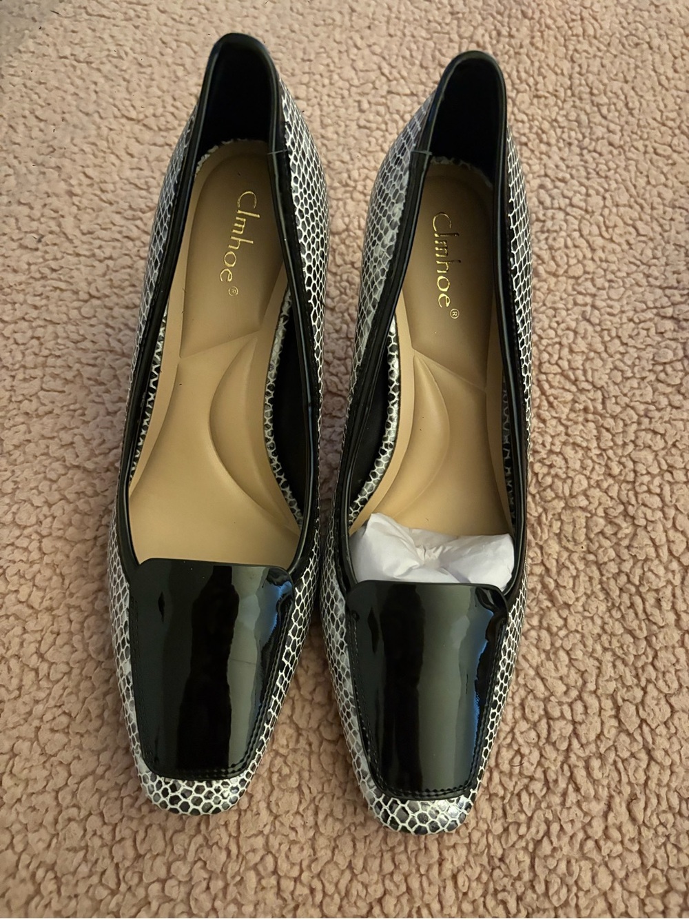 Chloe Black Patent & White Snake-Print Square-Toe Flats